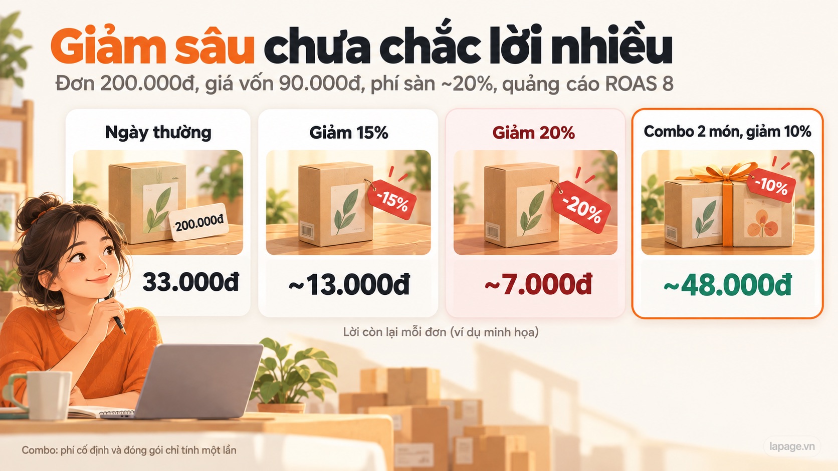 Giảm 20% còn lời khoảng 7.000đ mỗi đơn, combo 2 món giảm 10% còn khoảng 48.000đ