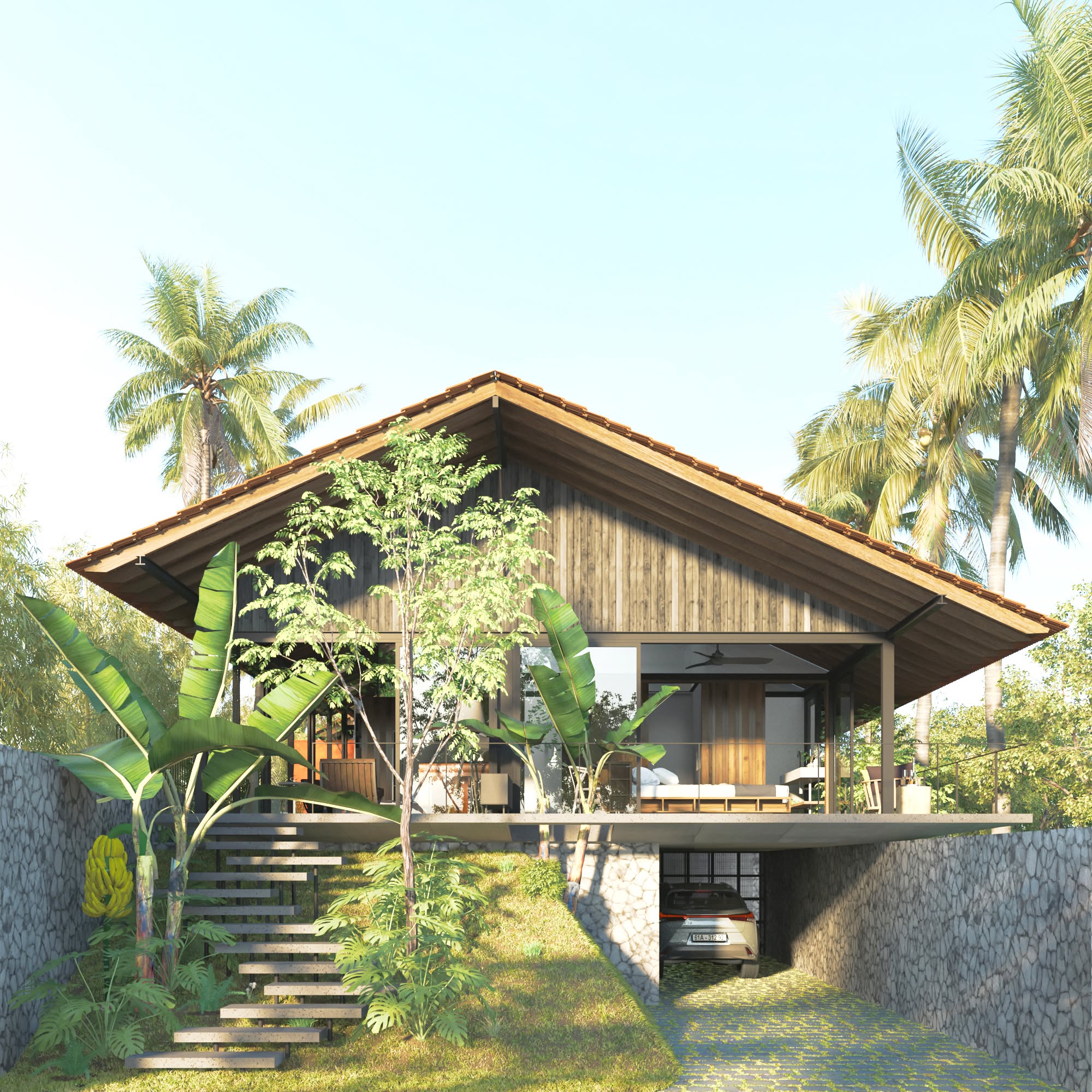 Hòa Long House – bệ đá hộc xếp khan nâng ngôi nhà lên giữa vườn