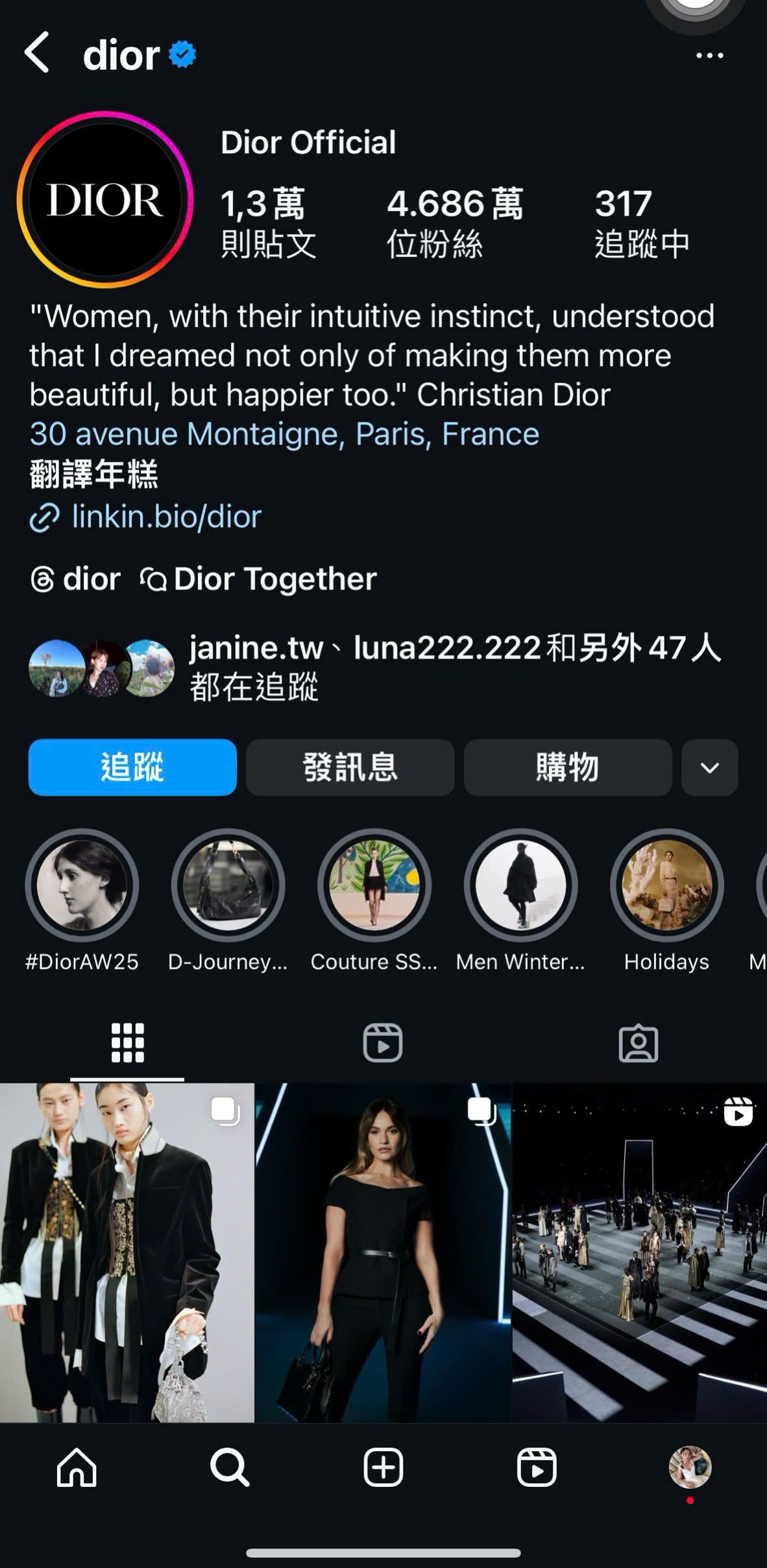 Thương hiệu Dior tại kênh Instagram