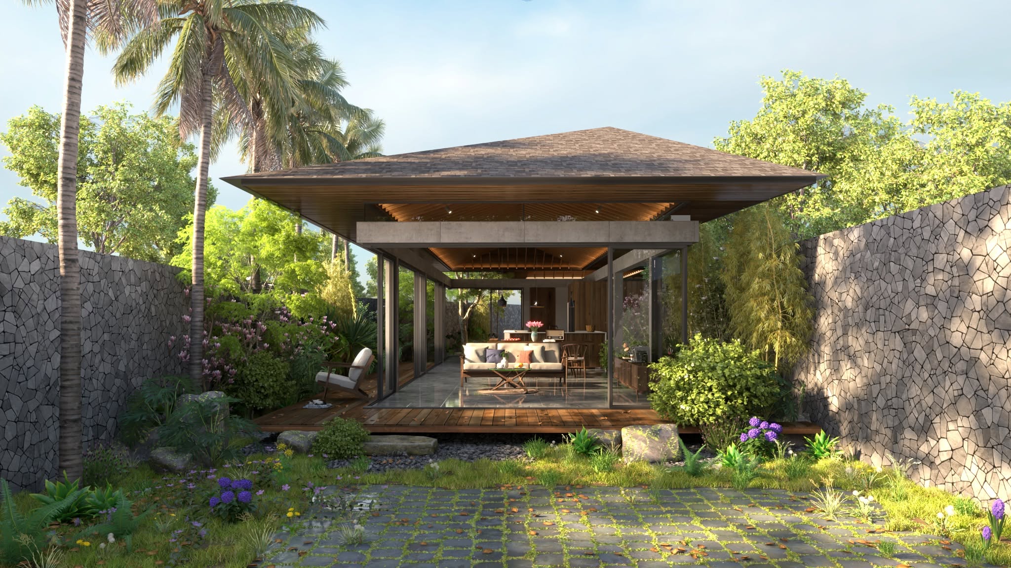 Lạc Long Quân House – mái dốc rộng, khối nhà thấp và khoảng sân được cân đối theo tầm mắt người