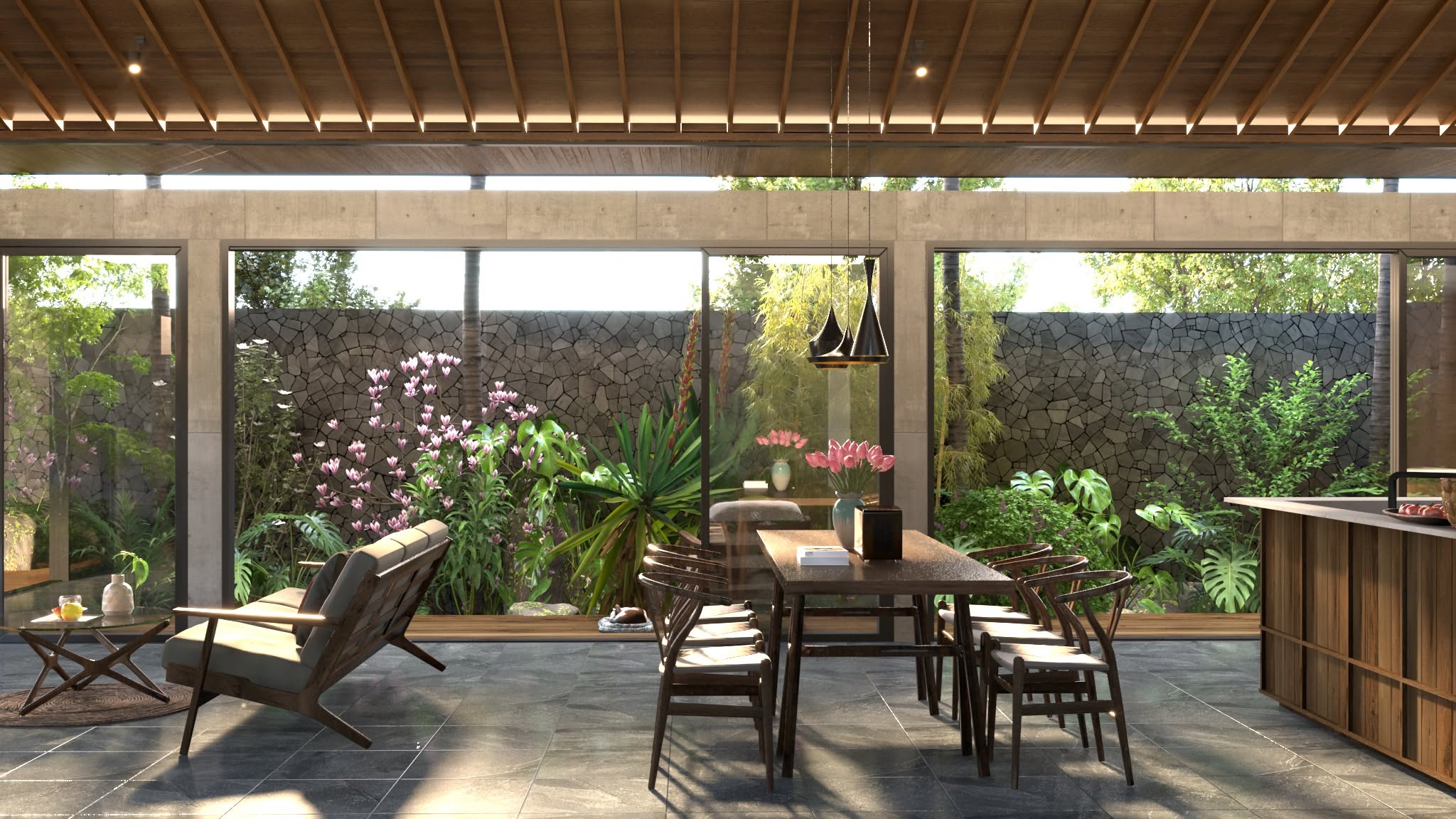 Bàn ăn dài cân đối với chiều dài căn phòng và nhịp cột – Lạc Long Quân House