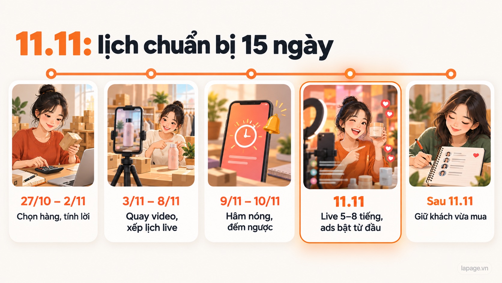 Lịch chuẩn bị 15 ngày cho 11.11, chia làm 5 chặng