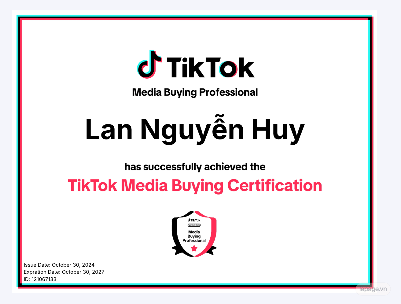 Chứng chỉ TikTok Media Buying Professional của tác giả