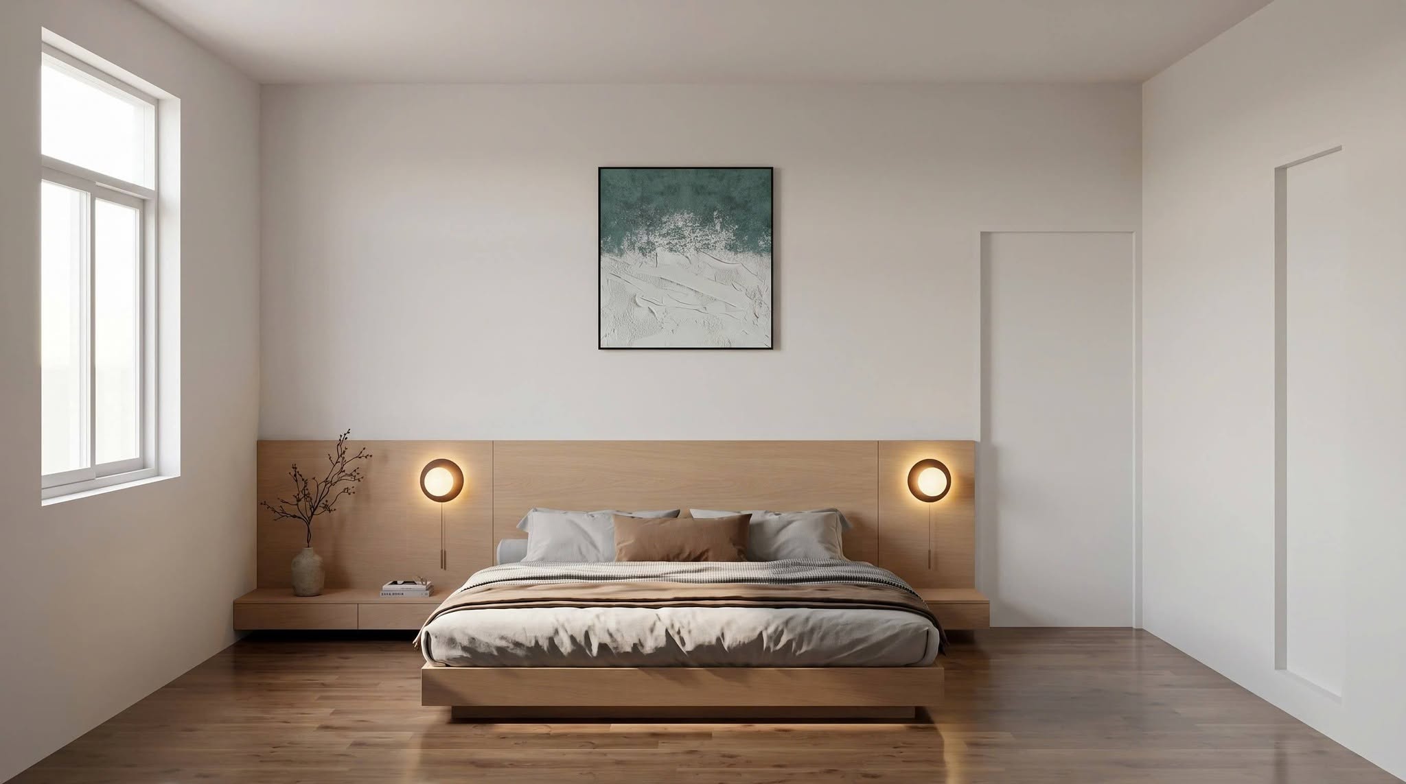 Phòng ngủ với ánh sáng vàng ấm 2700K từ đèn đầu giường và đèn hắt